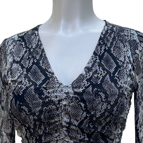 Ten Sixty Sherman Long Sleeve Top Small Tan & Black Snakeskin Semi Sheer Ruched - Picture 3 of 11